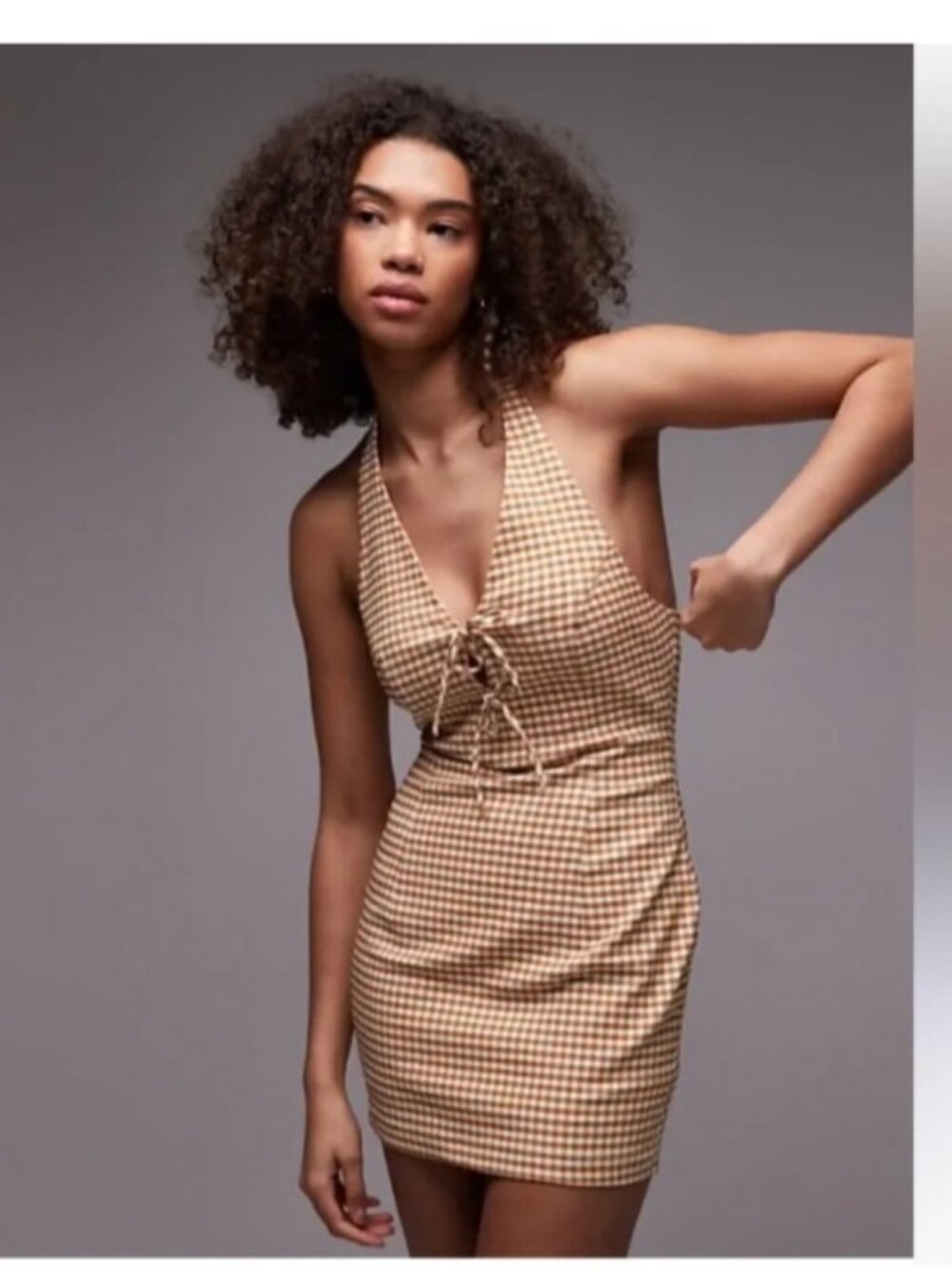 ZARA GINGHAM HALTER MINI DRESS TAN WHITE SIZE MEDIUM BLOGGERS FAVE